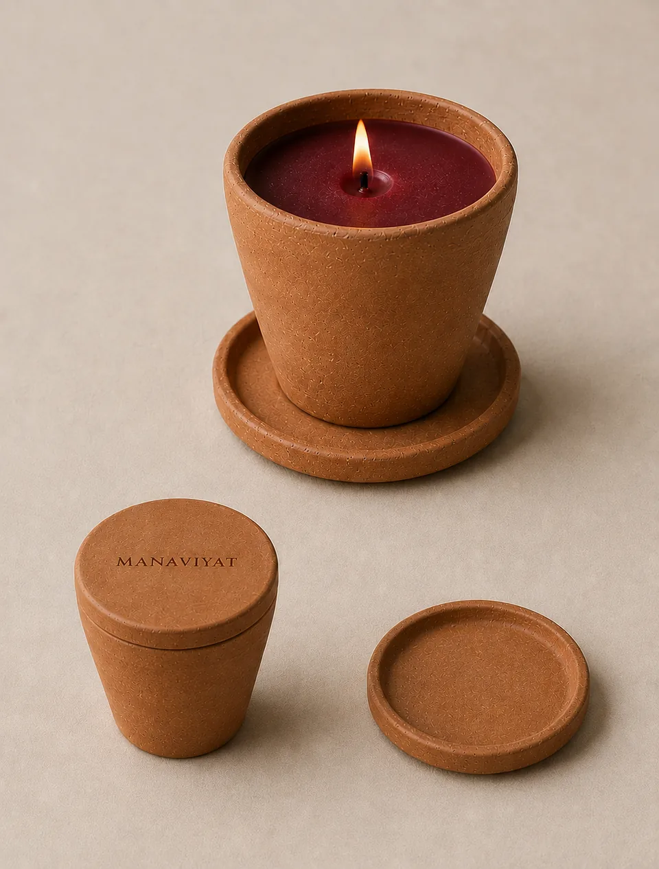 Mitti Di Khushboo, a kulhad-inspired terracotta candle with deep maroon wax, shown lit with its matching lid and coaster